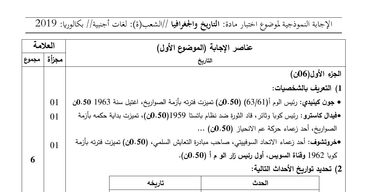 رأس الصفحة الأولى من حل موضوع التاريخ والجغرافيا بكالوريا 2019 شعبة لغات أجنبية: توزيع العلامات، أزمة الصواريخ الكوبية