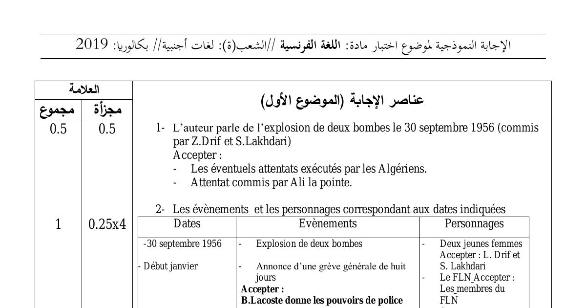 رأس الصفحة الأولى من حل موضوع اللغة الفرنسية بكالوريا 2019 شعبة لغات أجنبية: الأحداث والشخصيات التاريخية في النص