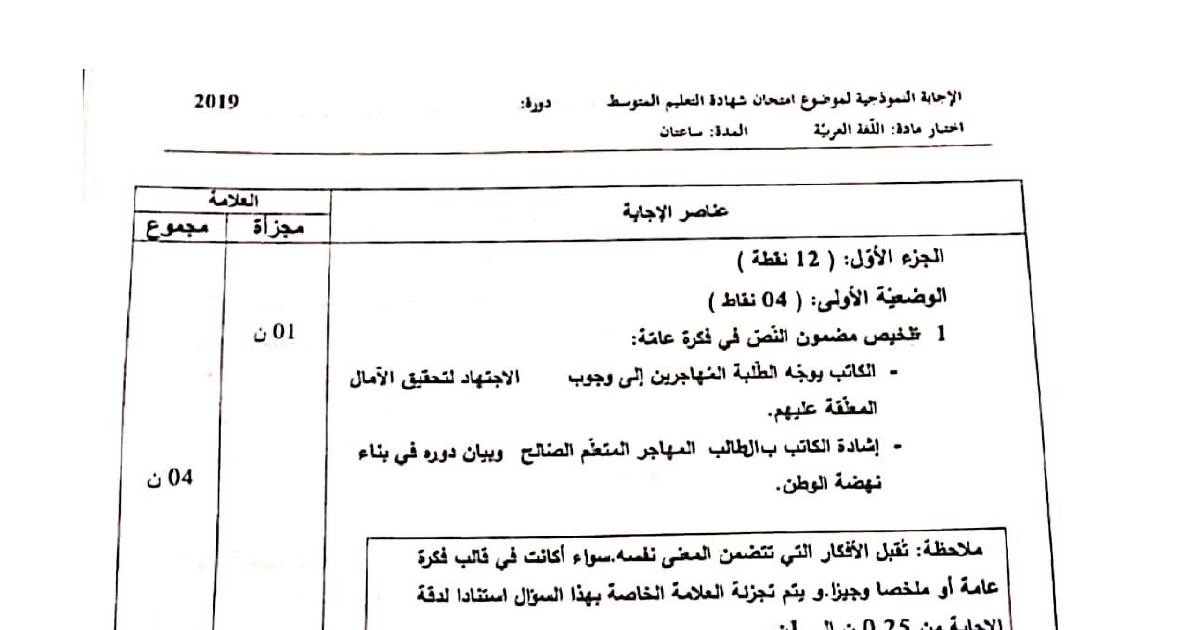رأس الصفحة الأولى من حل موضوع اللغة العربية لشهادة التعليم المتوسط BEM 2019: تصريف الأفعال، المقابلة البلاغية