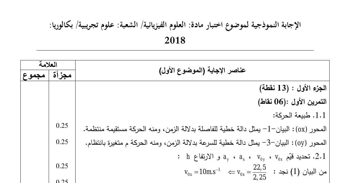 رأس الصفحة الأولى من حل موضوع العلوم الفيزيائية بكالوريا 2018 شعبة علوم تجريبية: حركة مقذوف وحصيلة طاقوية، التناقص الإشعاعي ونصف العمر