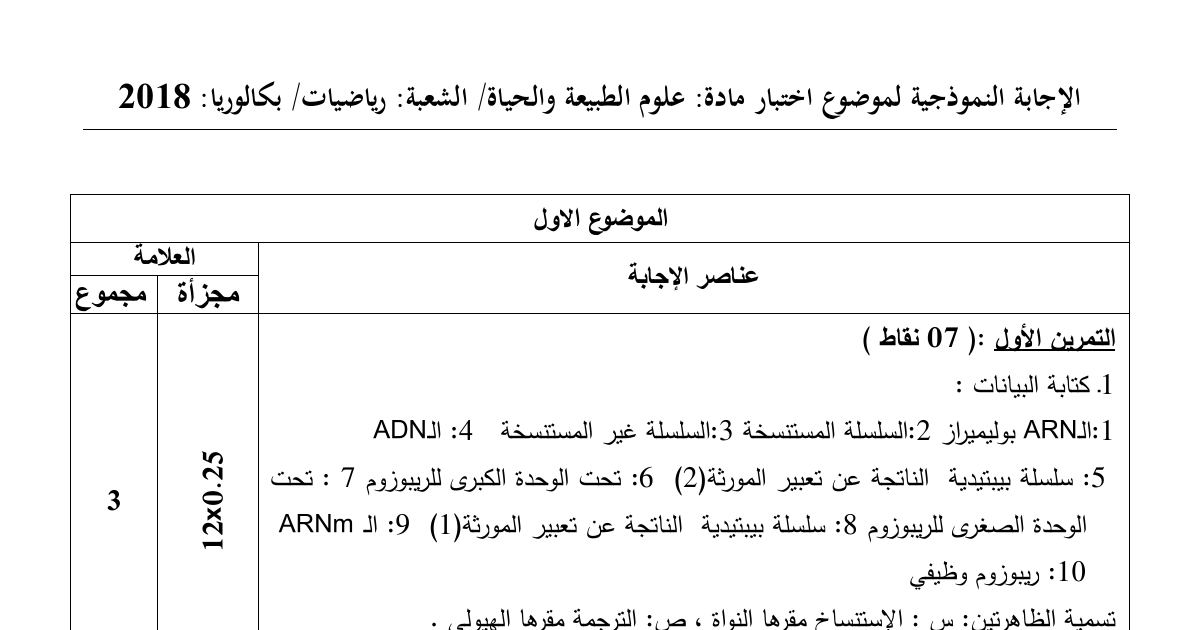 رأس الصفحة الأولى من حل موضوع علوم الطبيعة والحياة بكالوريا 2018 شعبة رياضيات: مراحل الإصابة بفيروس VIH، الأنترلوكين 2