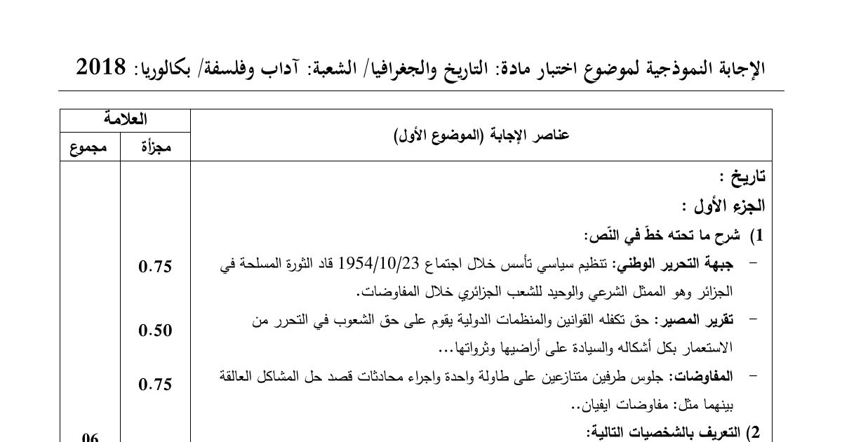 رأس الصفحة الأولى من حل موضوع التاريخ والجغرافيا بكالوريا 2018 شعبة آداب وفلسفة: جبهة التحرير الوطني، تقرير المصير