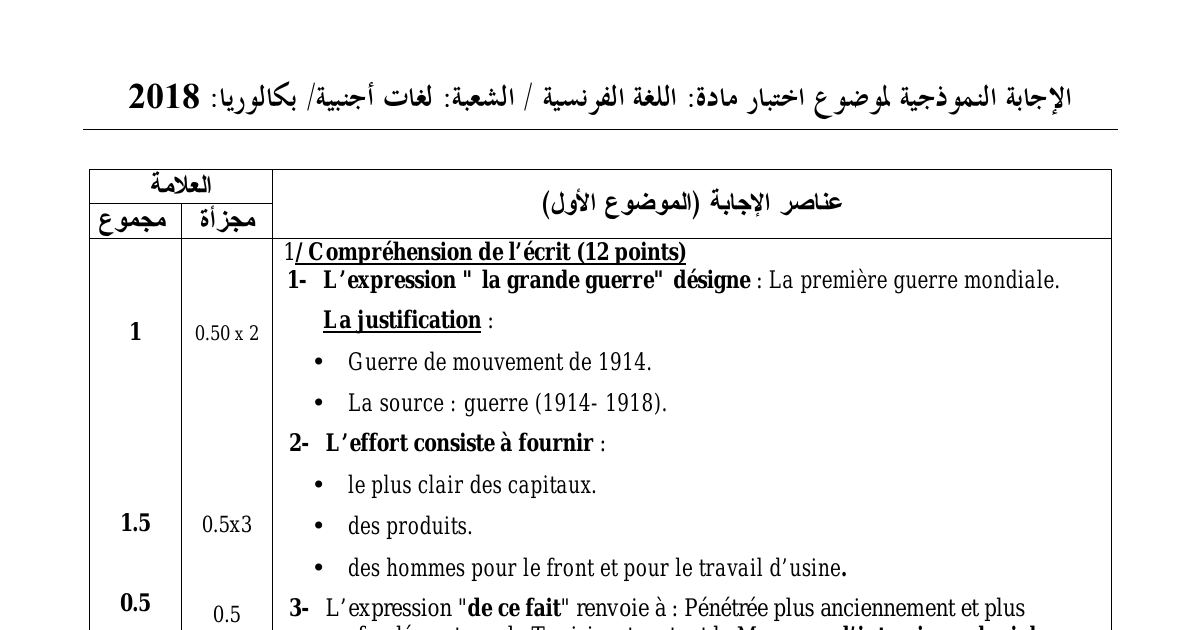 رأس الصفحة الأولى من حل موضوع اللغة الفرنسية بكالوريا 2018 شعبة لغات أجنبية: فهم المكتوب، الإنتاج الكتابي