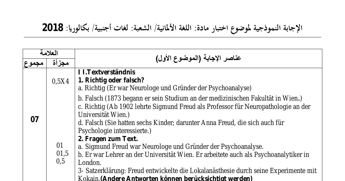 رأس الصفحة الأولى من حل موضوع اللغة الألمانية بكالوريا 2018 شعبة لغات أجنبية: سيغموند فرويد والتحليل النفسي، العلم والتقنية في الحياة اليومية