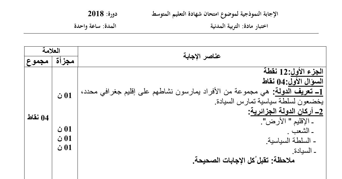 رأس الصفحة الأولى من حل موضوع التربية المدنية لشهادة التعليم المتوسط BEM 2018: تعريف الدولة وأركانها، غرفتا البرلمان الجزائري