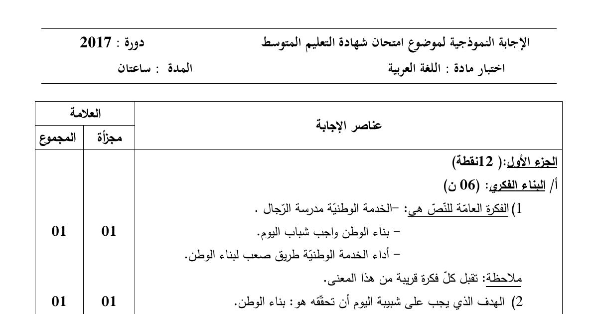 رأس الصفحة الأولى من حل موضوع اللغة العربية لشهادة التعليم المتوسط BEM 2017: الفكرة العامة للنص