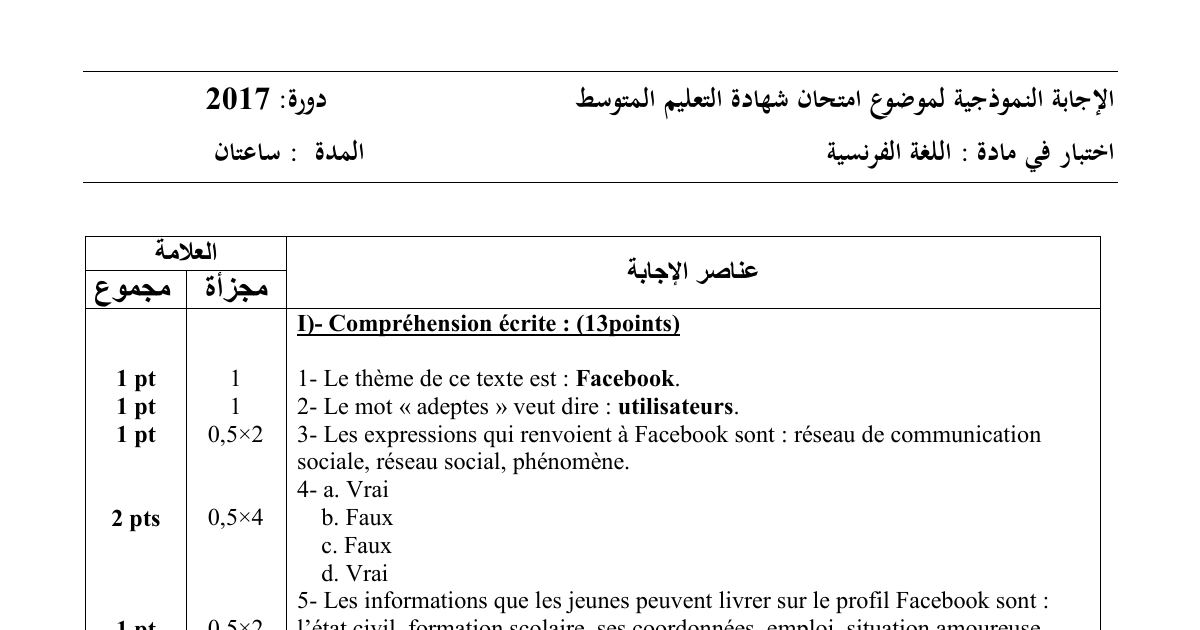رأس الصفحة الأولى من حل موضوع اللغة الفرنسية لشهادة التعليم المتوسط BEM 2017: Facebook، réseau social