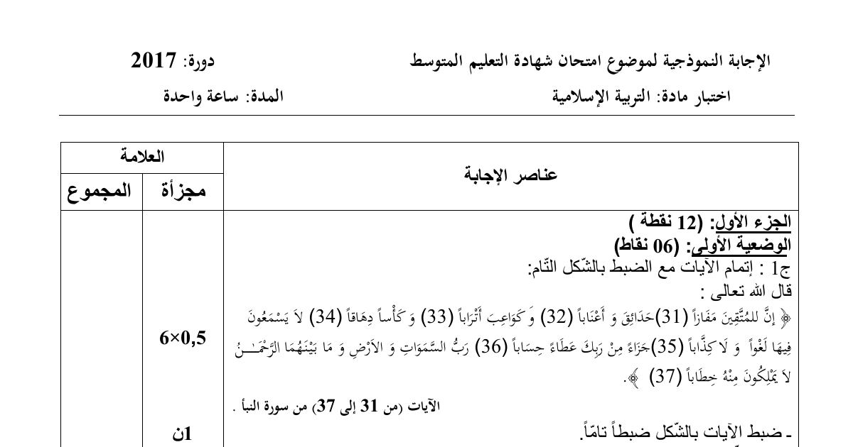 رأس الصفحة الأولى من حل موضوع التربية الإسلامية لشهادة التعليم المتوسط BEM 2017: شرح آيات سورة النبأ، حكم البيع في القرآن
