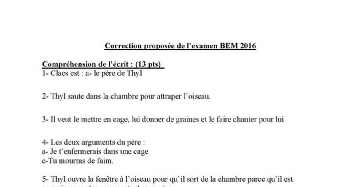 رأس الصفحة الأولى من حل موضوع اللغة الفرنسية لشهادة التعليم المتوسط BEM 2016: transformation de phrases، discours rapporté