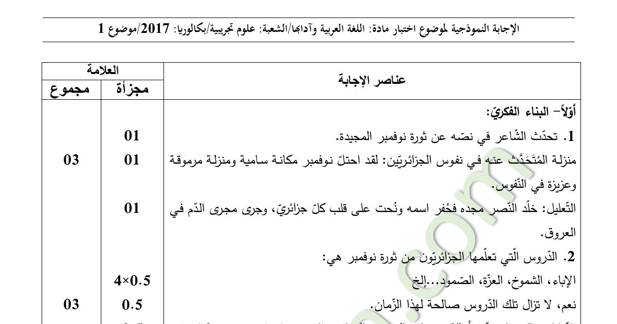 رأس الصفحة الأولى من حل موضوع اللغة العربية وآدابها بكالوريا 2017 الشعب العلمية وتسيير واقتصاد: قصيدة نوفمبر، الحقول الدلالية والروابط اللغوية