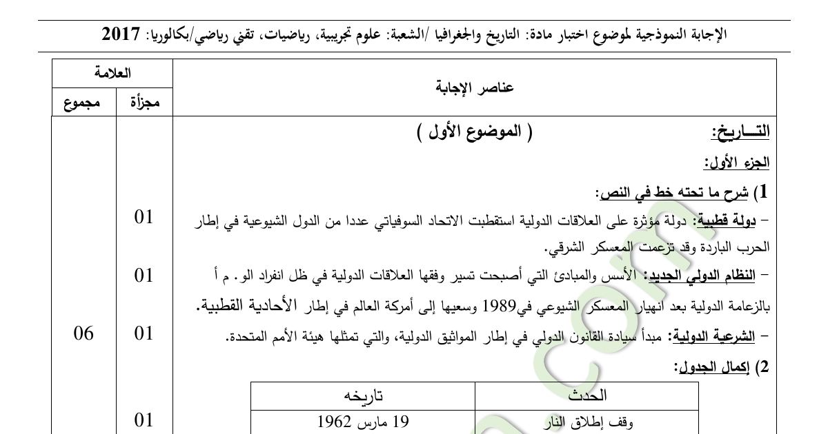 رأس الصفحة الأولى من حل موضوع التاريخ والجغرافيا بكالوريا 2017 الشعب العلمية: إجراءات فرنسا لعزل الثورة الجزائرية، رد فعل الثورة الجزائرية