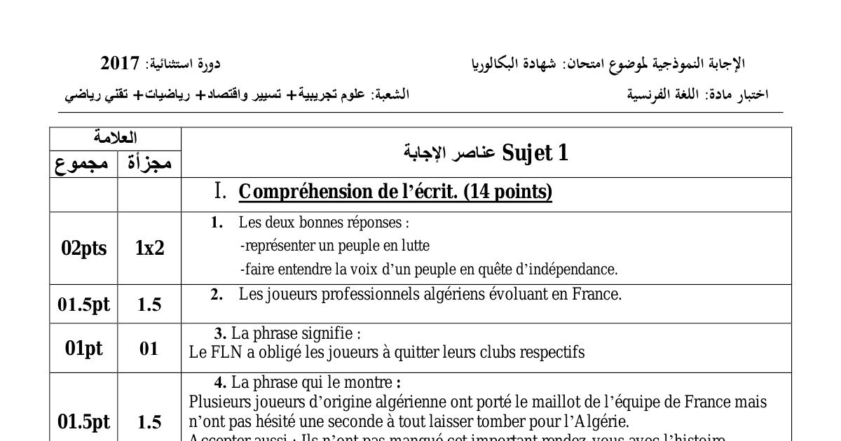 رأس الصفحة الأولى من حل موضوع اللغة الفرنسية بكالوريا 2017 الشعب العلمية وتسيير واقتصاد (الدورة الاستثنائية): Compte rendu objectif، équipe du FLN