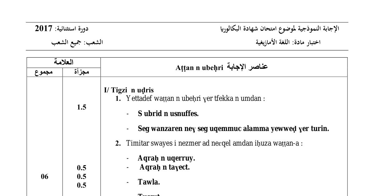 رأس الصفحة الأولى من حل موضوع اللغة الأمازيغية بكالوريا 2017 جميع الشعب (الدورة الاستثنائية): فهم النص، اللغة (الصرف والتحويل)