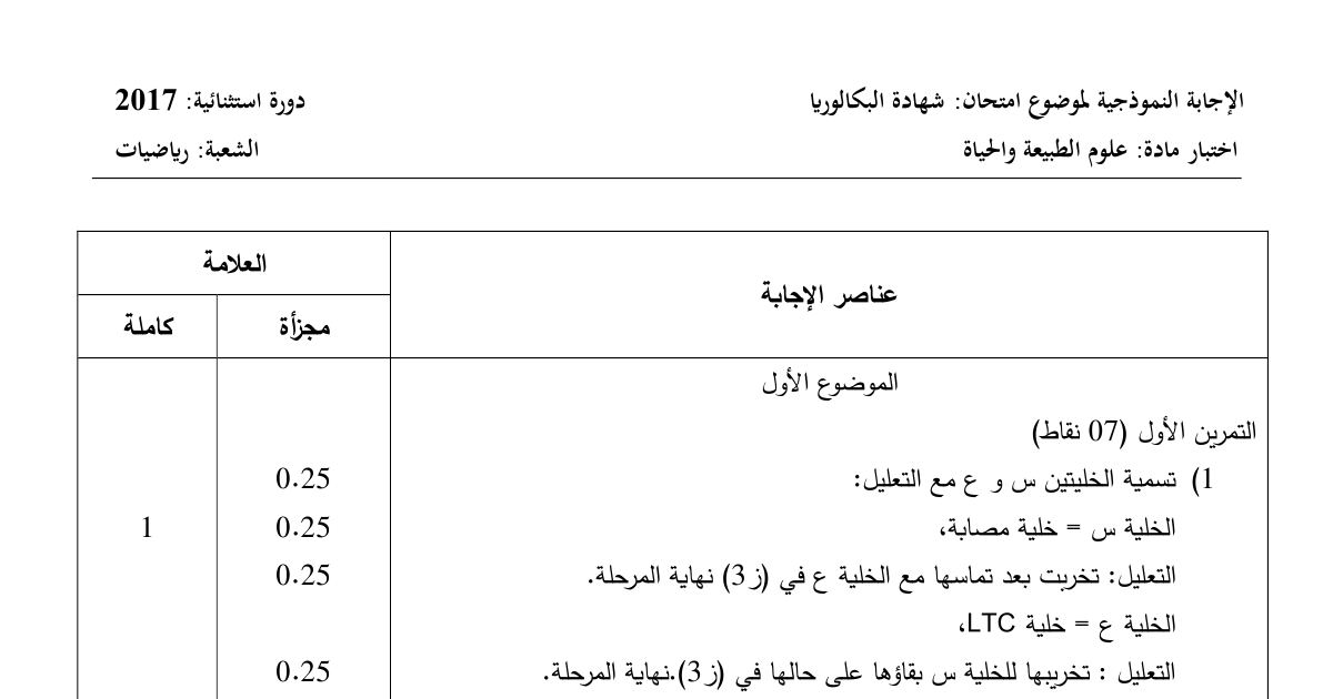 رأس الصفحة الأولى من حل موضوع علوم الطبيعة والحياة بكالوريا 2017 شعبة رياضيات (الدورة الاستثنائية): المناعة الخلوية، الخلايا اللمفاوية LTC