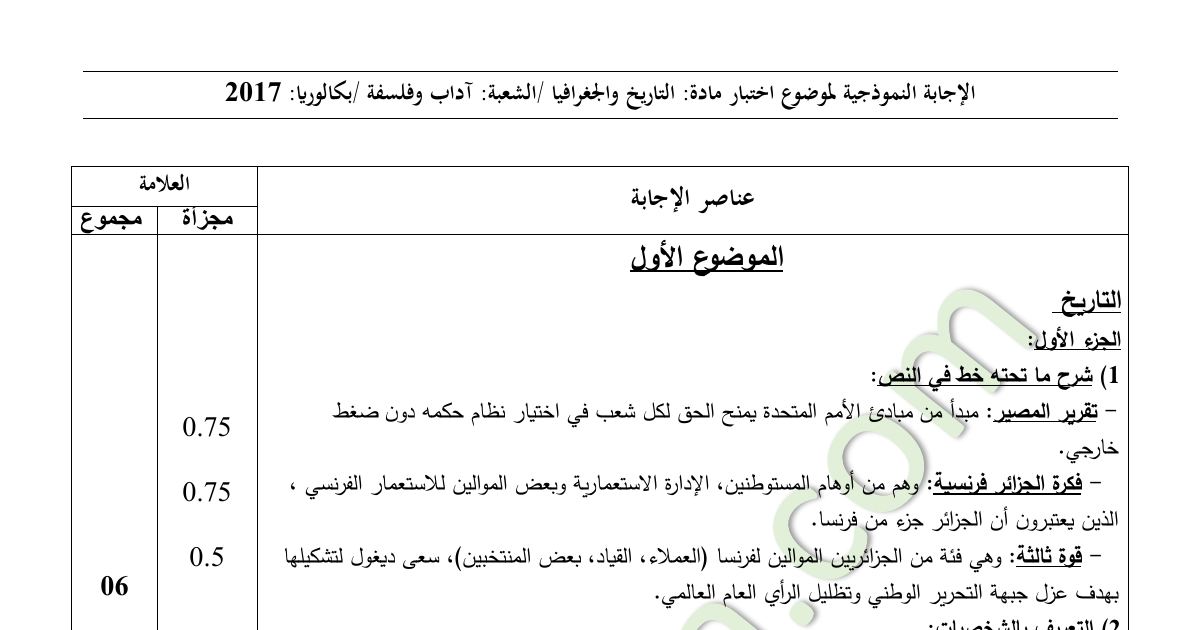 رأس الصفحة الأولى من حل موضوع التاريخ والجغرافيا بكالوريا 2017 شعبة آداب وفلسفة: تقرير المصير، فكرة الجزائر فرنسية