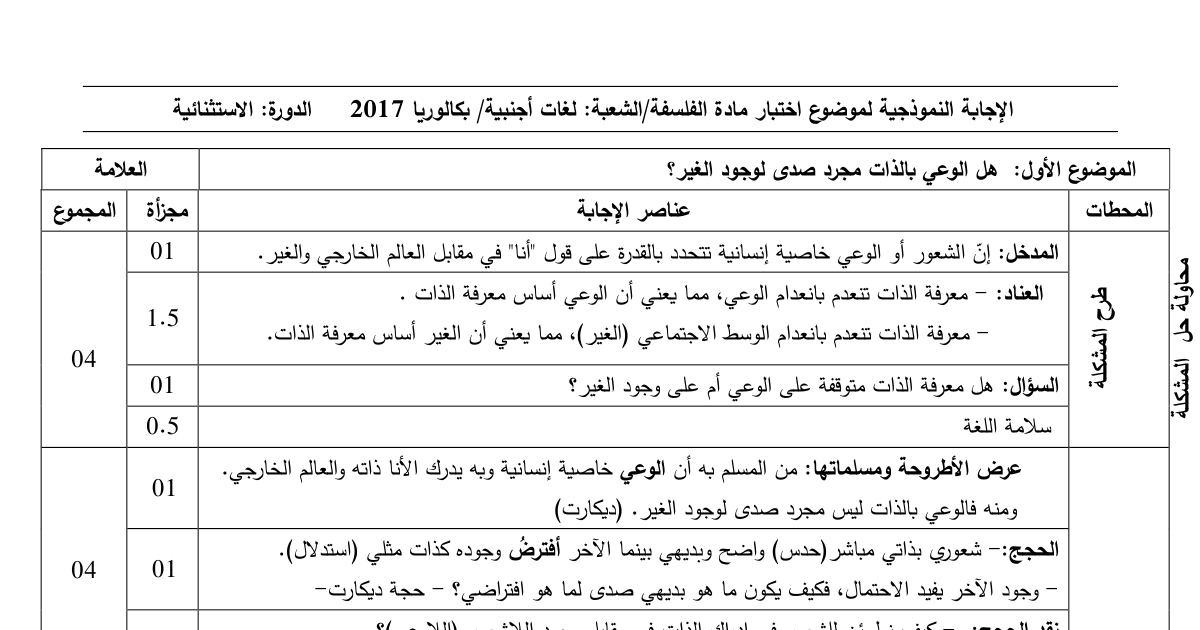 رأس الصفحة الأولى من حل موضوع الفلسفة بكالوريا 2017 شعبة لغات أجنبية (الدورة الاستثنائية): الوعي بالذات والغير، المنطق الصوري