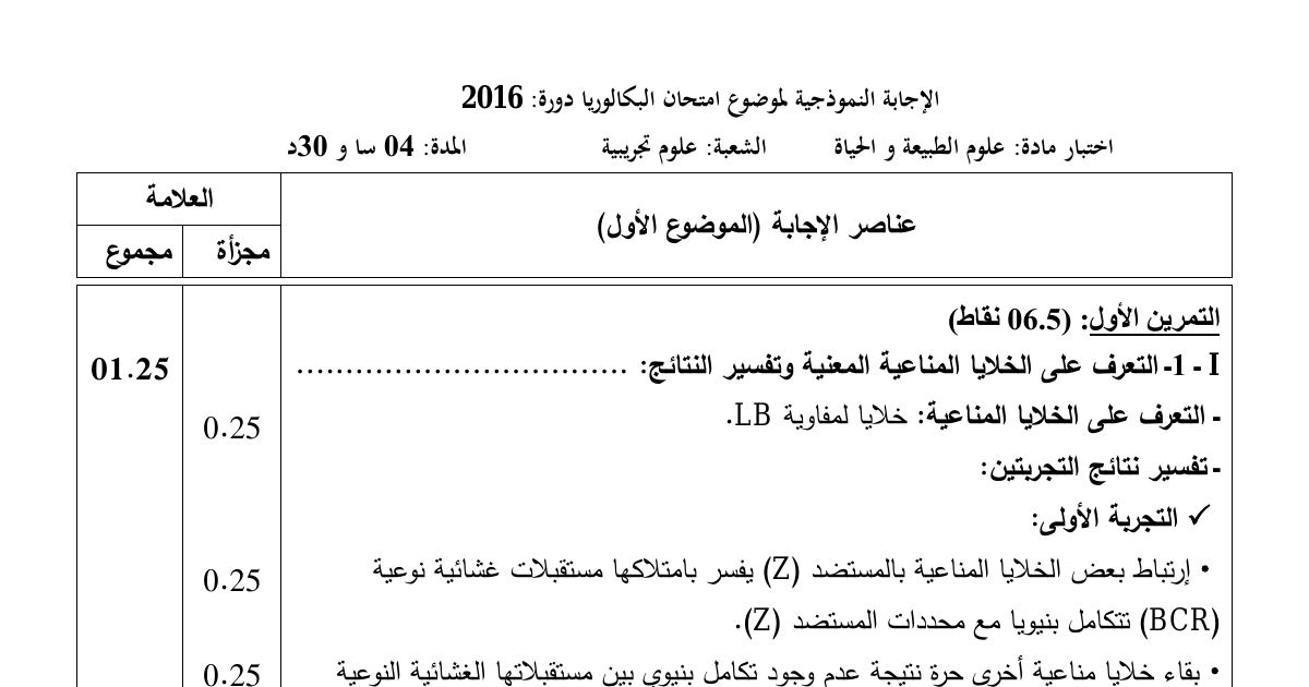 رأس الصفحة الأولى من حل موضوع علوم الطبيعة والحياة بكالوريا 2016 شعبة علوم تجريبية (الدورة الاستثنائية): الاستجابة المناعية الخلطية، الخلايا اللمفاوية LB وLT4