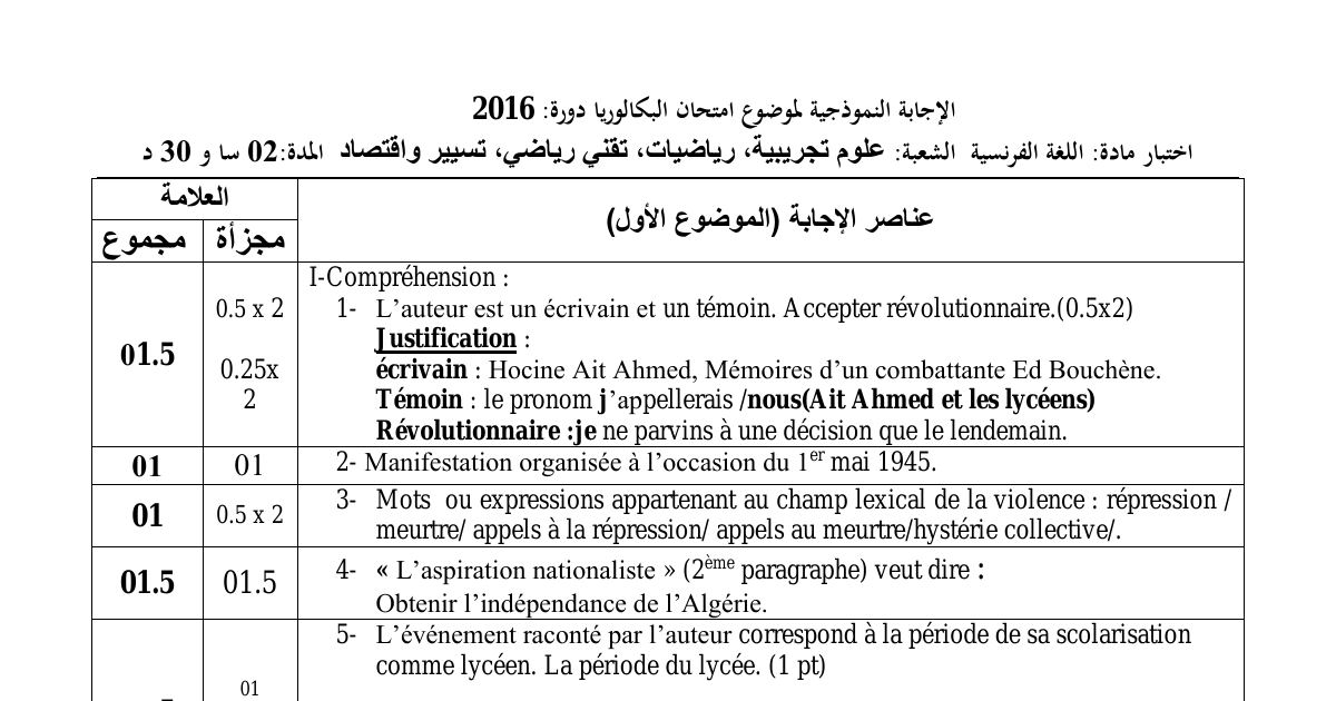 رأس الصفحة الأولى من حل موضوع اللغة الفرنسية بكالوريا 2016 الشعب العلمية وتسيير واقتصاد: جزر غالاباغوس، الحقل المعجمي للعنف
