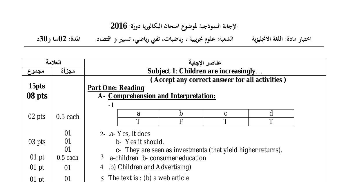 رأس الصفحة الأولى من حل موضوع اللغة الإنجليزية بكالوريا 2016 الشعب العلمية وتسيير واقتصاد (الدورة الاستثنائية): advertising and children، consumer education