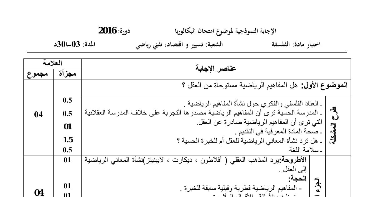 رأس الصفحة الأولى من حل موضوع الفلسفة بكالوريا 2016 شعبتي تقني رياضي وتسيير واقتصاد: المفاهيم الرياضية والعقل، نشأة المعارف من التجربة الحسية