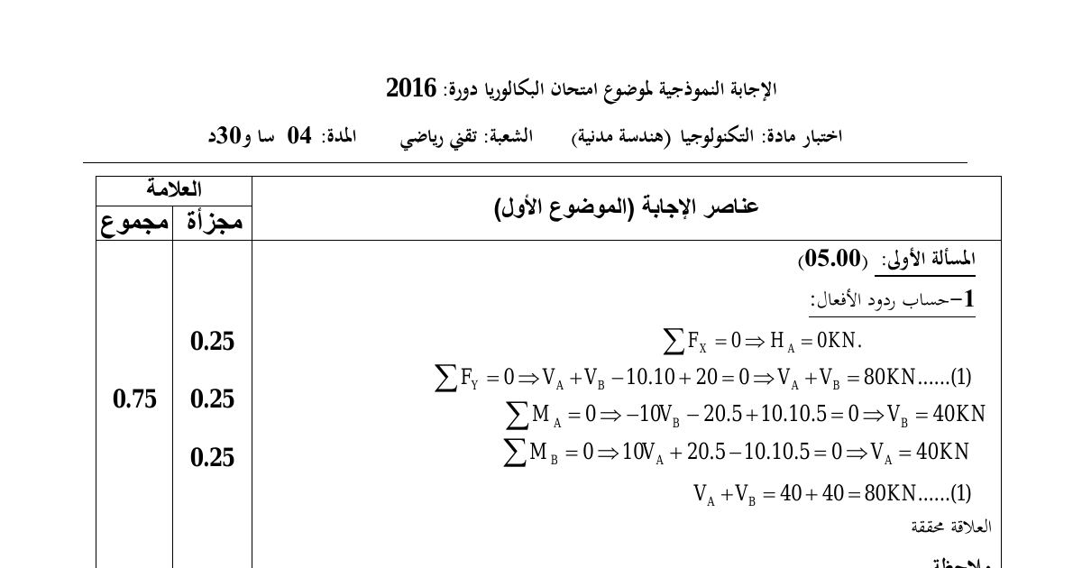 رأس الصفحة الأولى من حل موضوع الهندسة المدنية بكالوريا 2016 شعبة تقني رياضي: ردود الأفعال، الجيد القاطع وعزم الانحناء