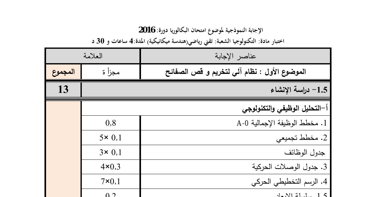 رأس الصفحة الأولى من حل موضوع الهندسة الميكانيكية بكالوريا 2016 شعبة تقني رياضي: نظام آلي لتخريم وقص الصفائح، جدول الوصلات الحركية