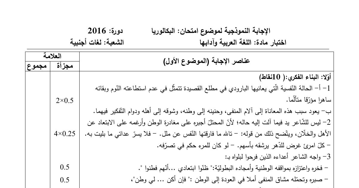رأس الصفحة الأولى من حل موضوع اللغة العربية وآدابها بكالوريا 2016 شعبة لغات أجنبية: محمود سامي البارودي