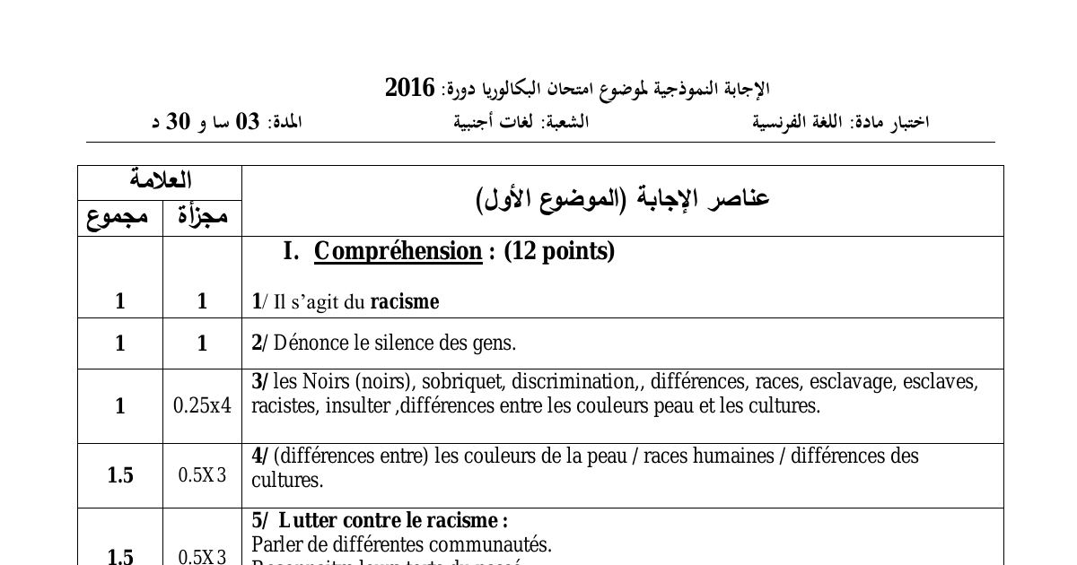 رأس الصفحة الأولى من حل موضوع اللغة الفرنسية بكالوريا 2016 شعبة لغات أجنبية: champ lexical du racisme، compte rendu critique