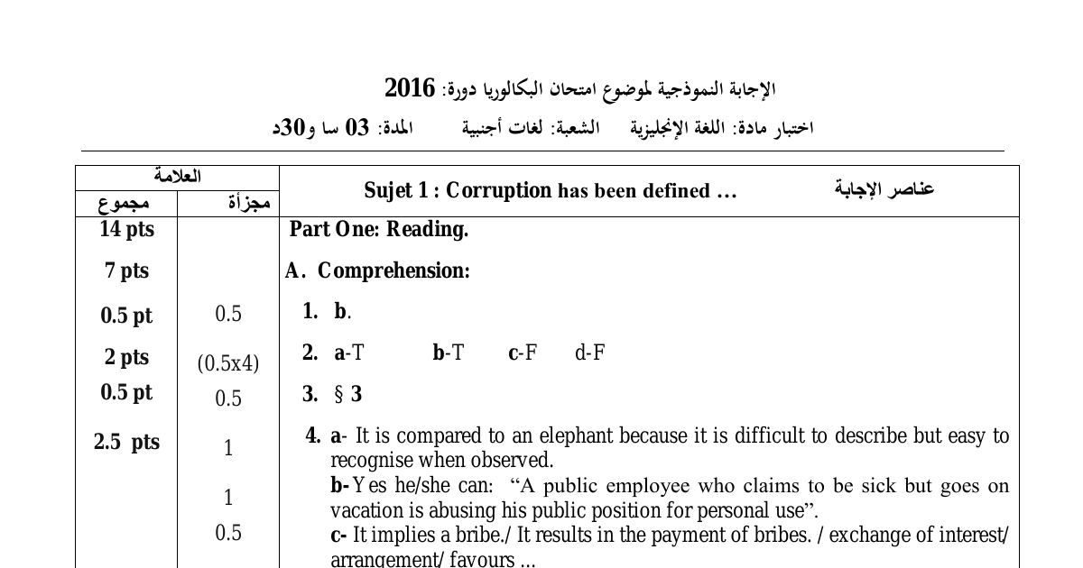 رأس الصفحة الأولى من حل موضوع اللغة الإنجليزية بكالوريا 2016 شعبة لغات أجنبية: توزيع العلامات