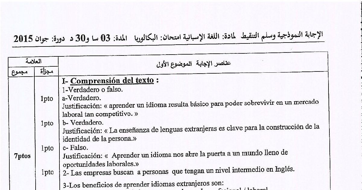 رأس الصفحة الأولى من حل موضوع اللغة الإسبانية بكالوريا 2015 شعبة لغات أجنبية: فهم النص: صواب أو خطأ مع التعليل، استخراج فوائد تعلم اللغات الأجنبية