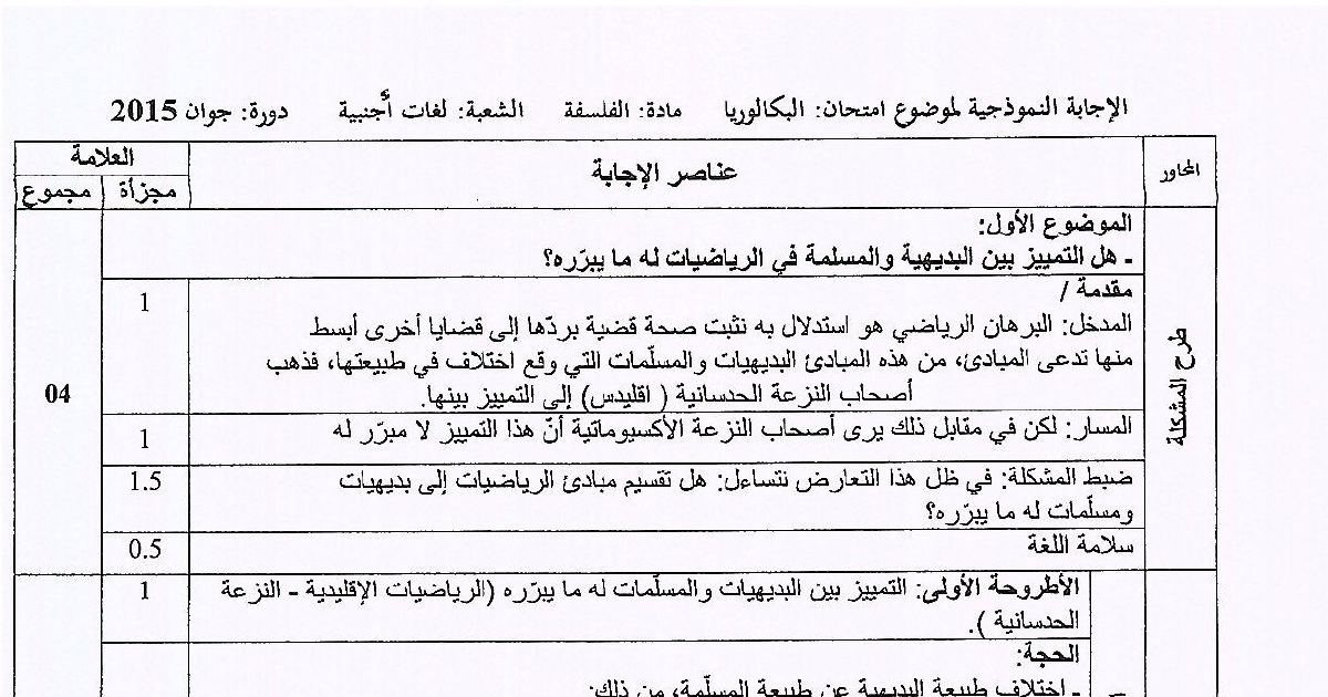 رأس الصفحة الأولى من حل موضوع الفلسفة بكالوريا 2015 شعبة لغات أجنبية: التمييز بين البديهية والمسلمة، البرهان الرياضي ومبادئه