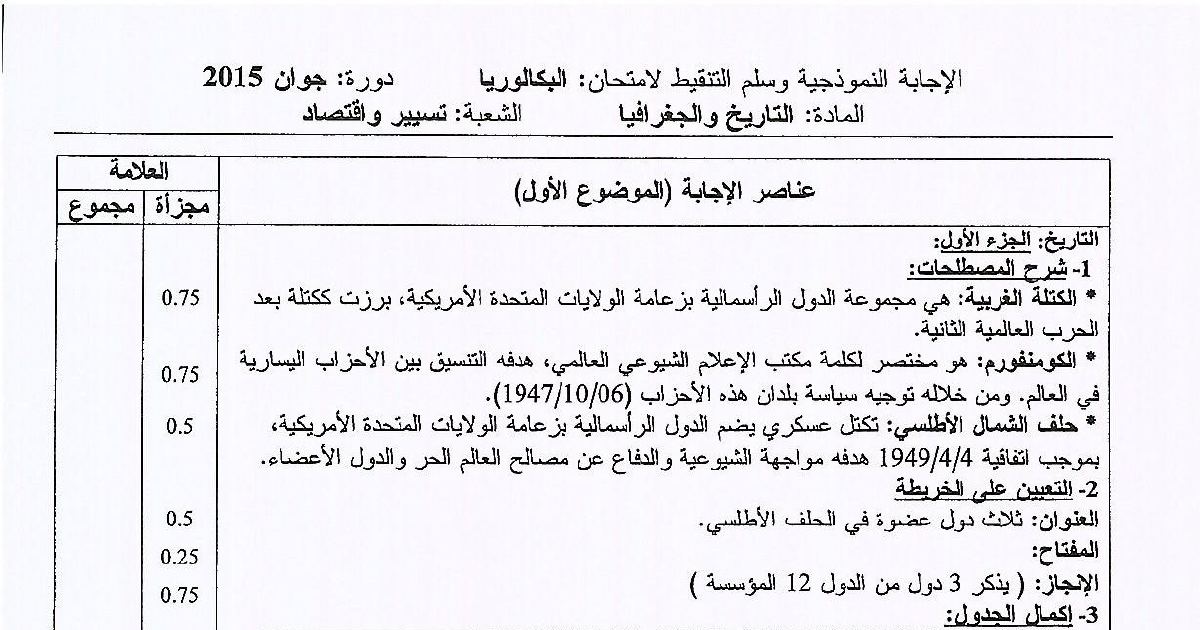 رأس الصفحة الأولى من حل موضوع التاريخ والجغرافيا بكالوريا 2015 شعبة تسيير واقتصاد: الكتلة الغربية والكومنفورم، حلف شمال الأطلسي