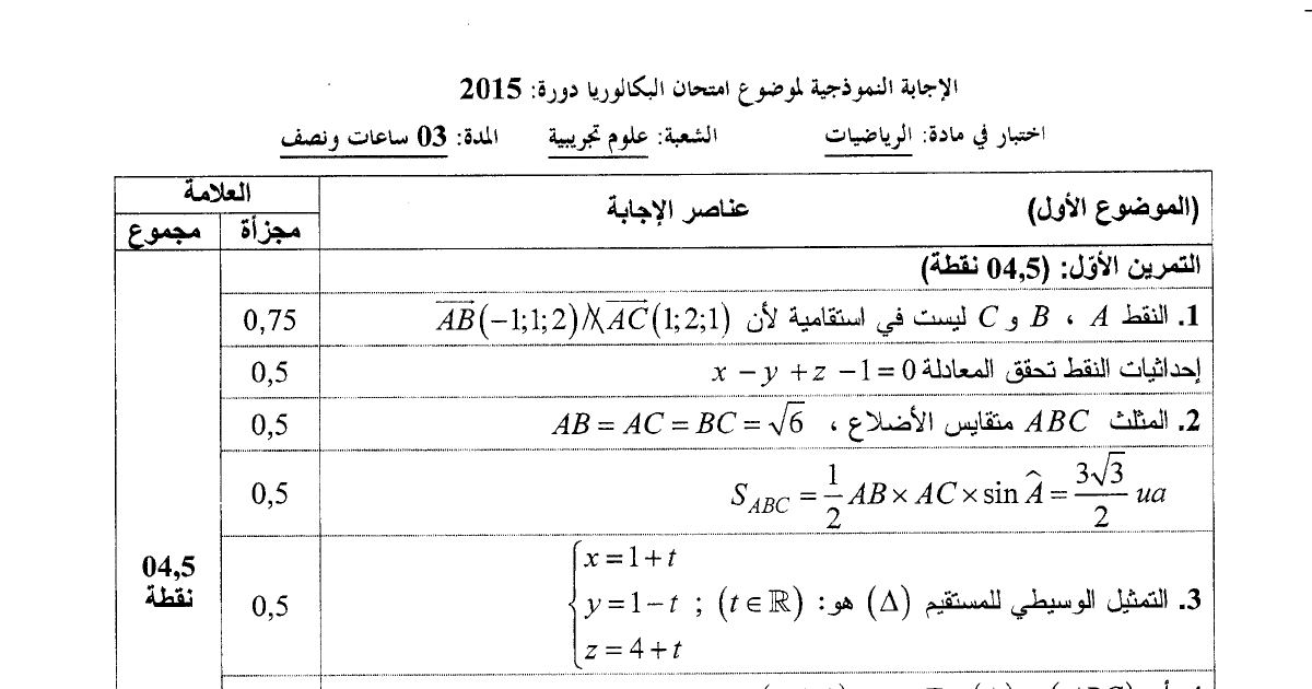 رأس الصفحة الأولى من حل موضوع الرياضيات بكالوريا 2015 شعبة علوم تجريبية: معادلة مستوٍ، الأعداد المركبة والشكل الأسي