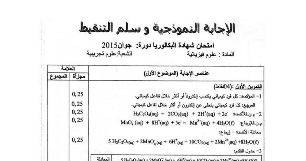 رأس الصفحة الأولى من حل موضوع العلوم الفيزيائية بكالوريا 2015 شعبة علوم تجريبية: تفاعل أكسدة-إرجاع، الاندماج النووي