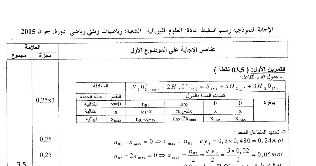 رأس الصفحة الأولى من حل موضوع العلوم الفيزيائية بكالوريا 2015 شعبتي رياضيات وتقني رياضي: النشاط الإشعاعي ونصف العمر، دارة RL وشحن الوشيعة