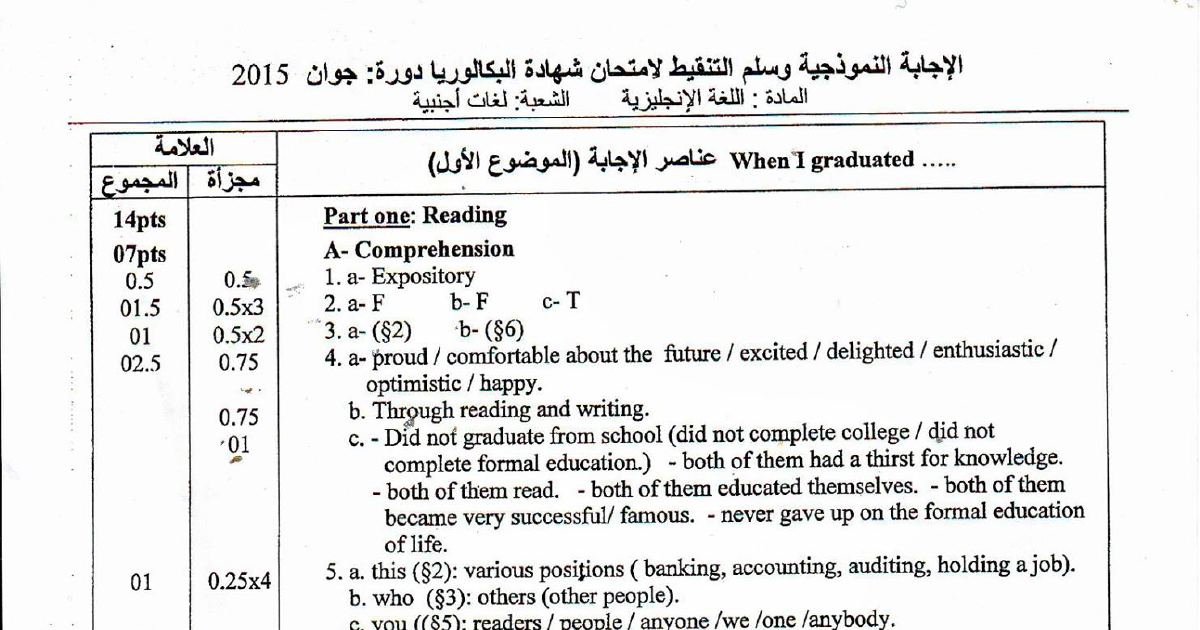 رأس الصفحة الأولى من حل موضوع اللغة الإنجليزية بكالوريا 2015 شعبة لغات أجنبية: Text Exploration، True Education