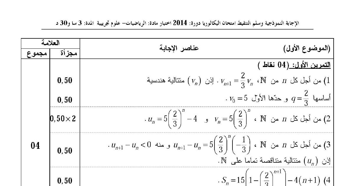 رأس الصفحة الأولى من حل موضوع الرياضيات بكالوريا 2014 شعبة علوم تجريبية: المتتاليات العددية، الهندسة في الفضاء
