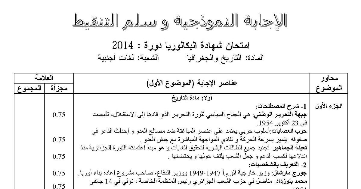 رأس الصفحة الأولى من حل موضوع التاريخ والجغرافيا بكالوريا 2014 شعبة لغات أجنبية: جبهة التحرير الوطني، مبدأ ترومان