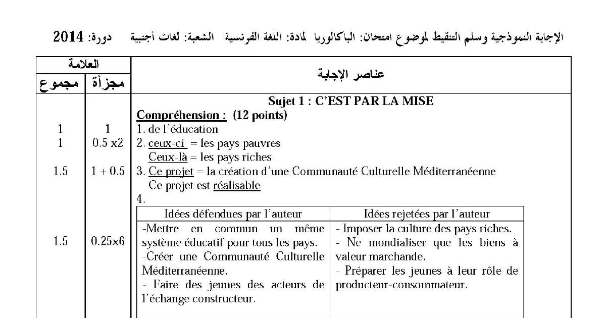 رأس الصفحة الأولى من حل موضوع اللغة الفرنسية بكالوريا 2014 شعبة لغات أجنبية: فهم النص التعليمي، نص التجارب النووية