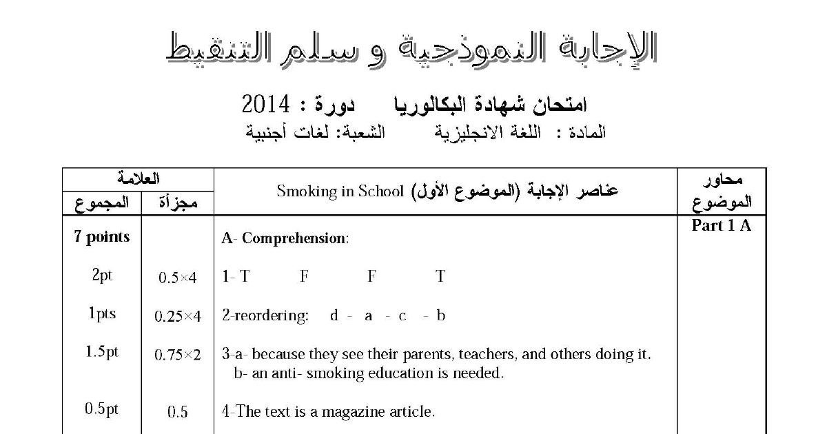 رأس الصفحة الأولى من حل موضوع اللغة الإنجليزية بكالوريا 2014 شعبة لغات أجنبية: Smoking in School، The Spartans