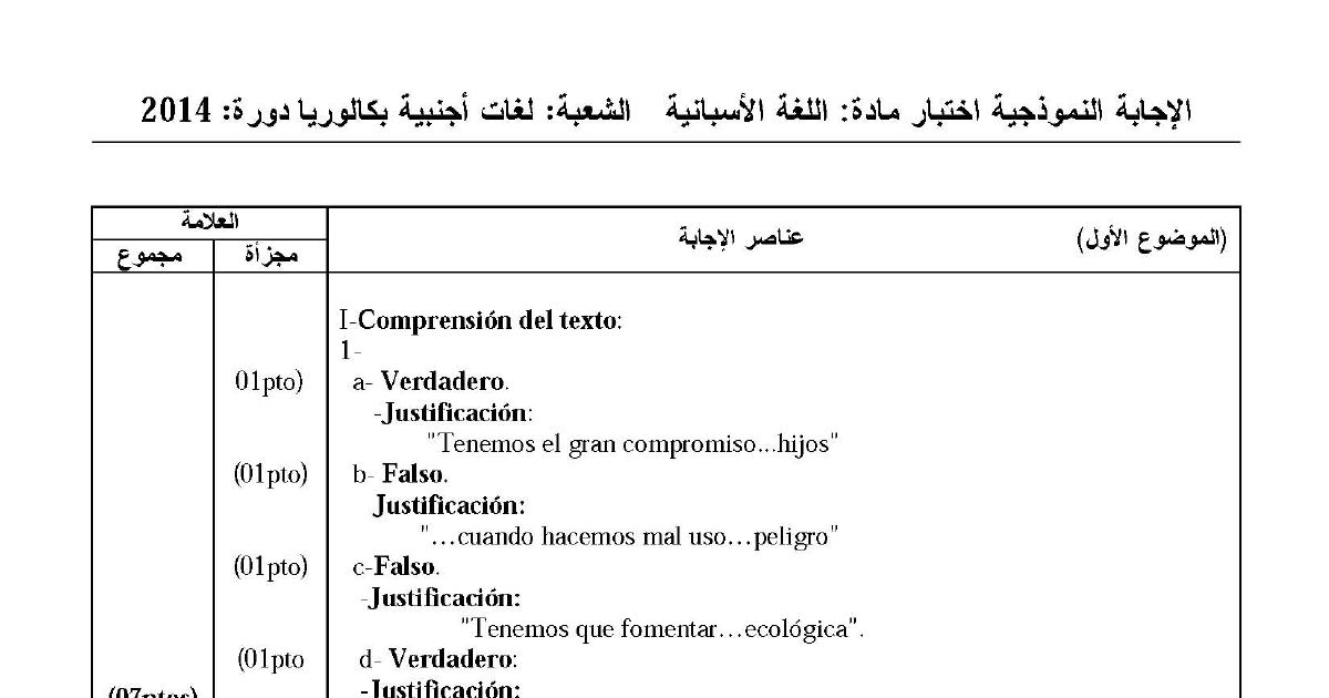 رأس الصفحة الأولى من حل موضوع اللغة الإسبانية بكالوريا 2014 شعبة لغات أجنبية: حماية البيئة، دور المرأة في المجتمع